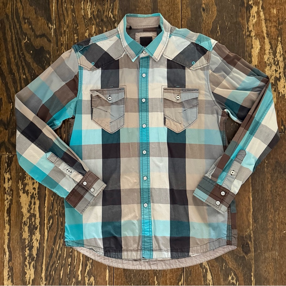 NWOT! 7 Diamonds Mens Blue/Grey/Brown Plaid Button Down Shirt Large